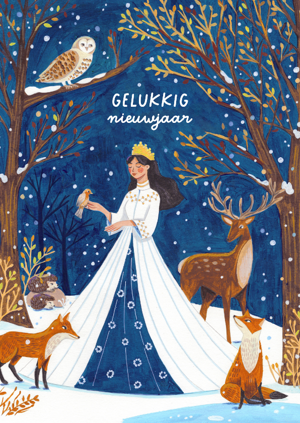 Nieuwjaarskaart sneeuwkoningin in het dieren bos - Nieuwjaarskaarten Nieuwjaarskaarten - Nieuwjaarskaart sneeuwkoningin in het dieren bos