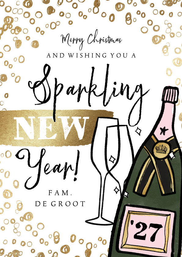 Nieuwjaarskaart 'Sparkling New Year' champagnefles goud - Nieuwjaarskaarten Nieuwjaarskaarten - Nieuwjaarskaart 'Sparkling New Year' champagnefles goud