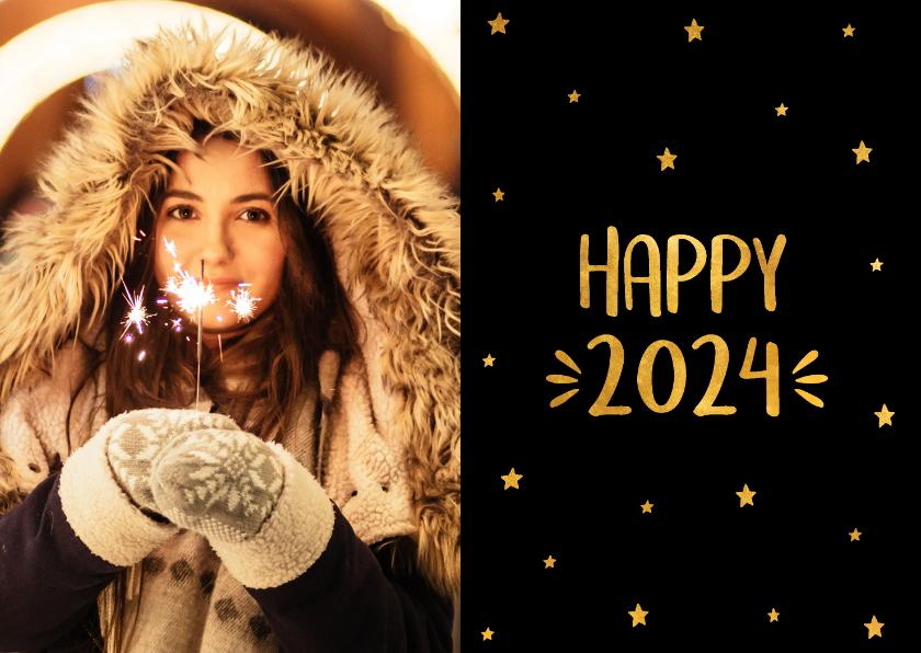 Nieuwjaarskaarten - Nieuwjaarskaart sterren 'Happy 2024' goudlook