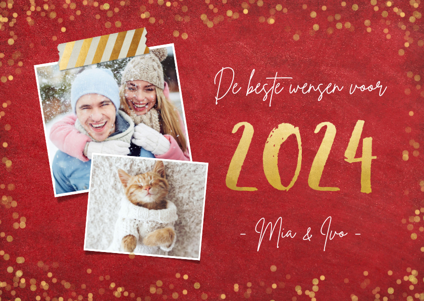 Nieuwjaarskaarten - Nieuwjaarskaart stijlvol 2024 goud en rode achtergrond