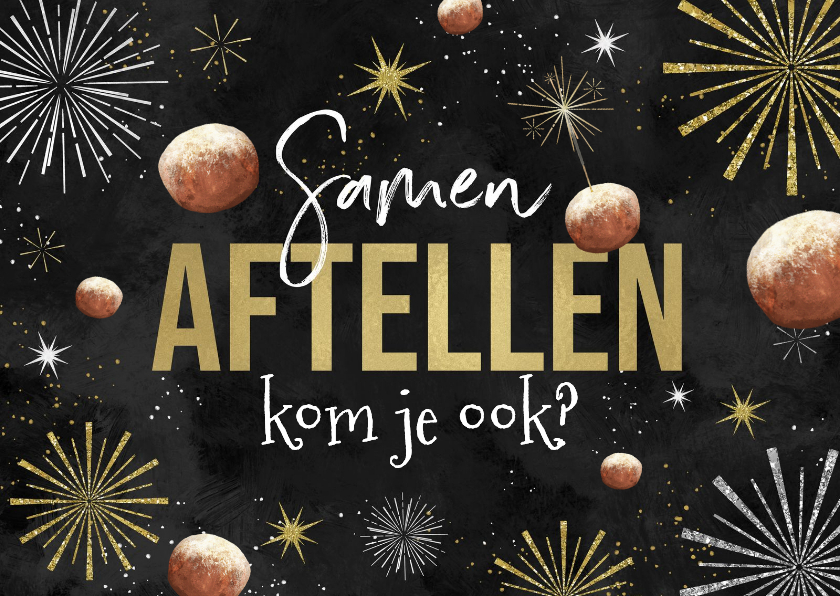 Nieuwjaarskaarten - Nieuwjaarskaart uitnodiging oudejaarsavond vuurwerk oliebol