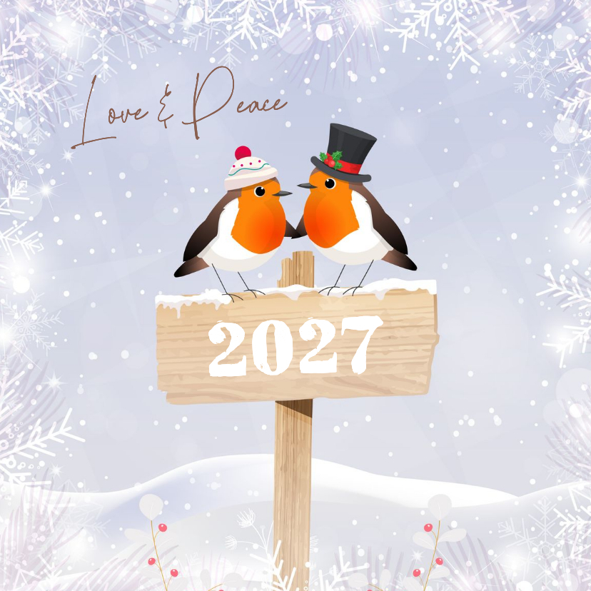 Nieuwjaarskaart verliefde roodborstjes in sneeuwlandschap - Nieuwjaarskaarten Nieuwjaarskaarten - Nieuwjaarskaart verliefde roodborstjes in sneeuwlandschap