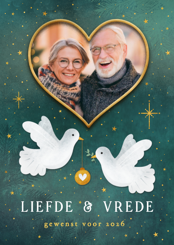 Nieuwjaarskaarten - Nieuwjaarskaart vrede en liefde met duifje en foto in hartje