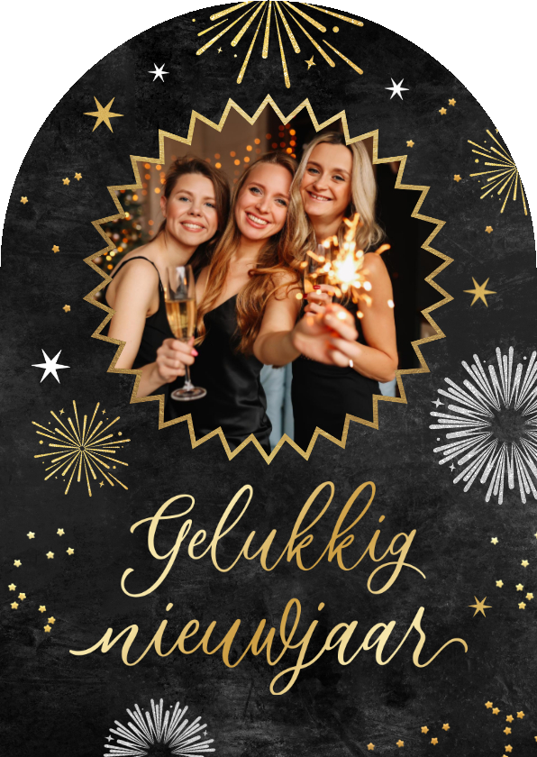 Nieuwjaarskaarten - Nieuwjaarskaart vuurwerk goud zilver sterren boogkaart