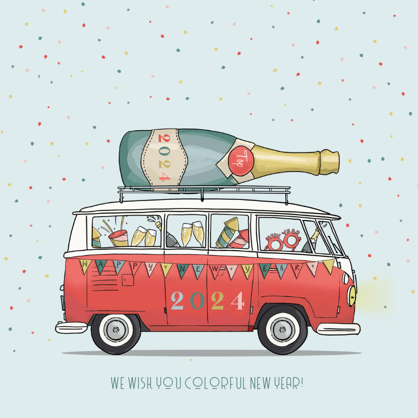 Nieuwjaarskaarten - Nieuwjaarskaart vwbusje rood met champagne fles