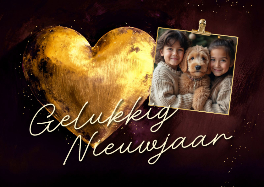Nieuwjaarskaart waterverf foto gouden hart rood - Nieuwjaarskaarten Nieuwjaarskaarten - Nieuwjaarskaart waterverf foto gouden hart rood
