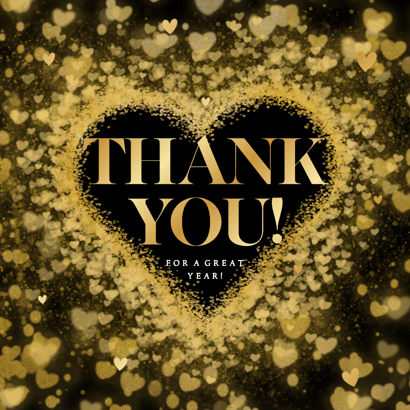 Nieuwjaarskaart zakelijk thank you met gouden hartjes - Nieuwjaarskaarten Nieuwjaarskaarten - Nieuwjaarskaart zakelijk thank you met gouden hartjes
