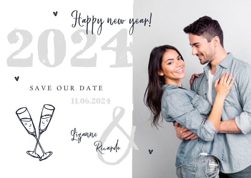 Nieuwjaarskaarten - Nieuwjaarskaart zilver doodle champagne foto save the date