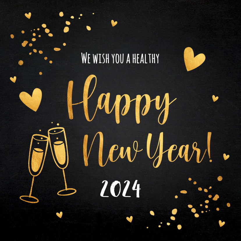 Nieuwjaarskaart zwart goudlook champagne hartjes - Nieuwjaarskaarten Nieuwjaarskaarten - Nieuwjaarskaart zwart goudlook champagne hartjes