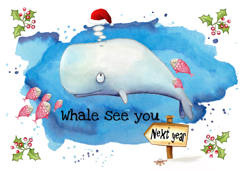Nieuwjaarskaarten - Nieuwjaarskaarten walvis met kerstmuts