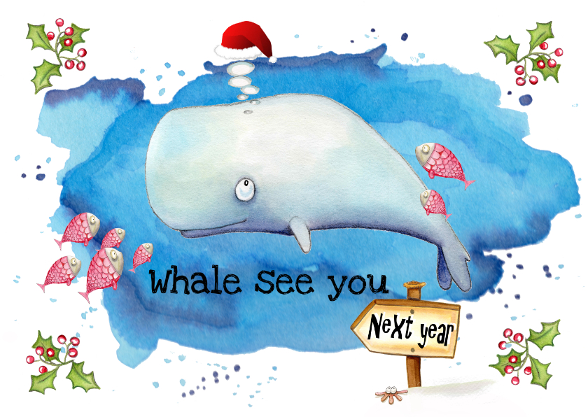 Nieuwjaarskaarten walvis met kerstmuts - Nieuwjaarskaarten Nieuwjaarskaarten - Nieuwjaarskaarten walvis met kerstmuts