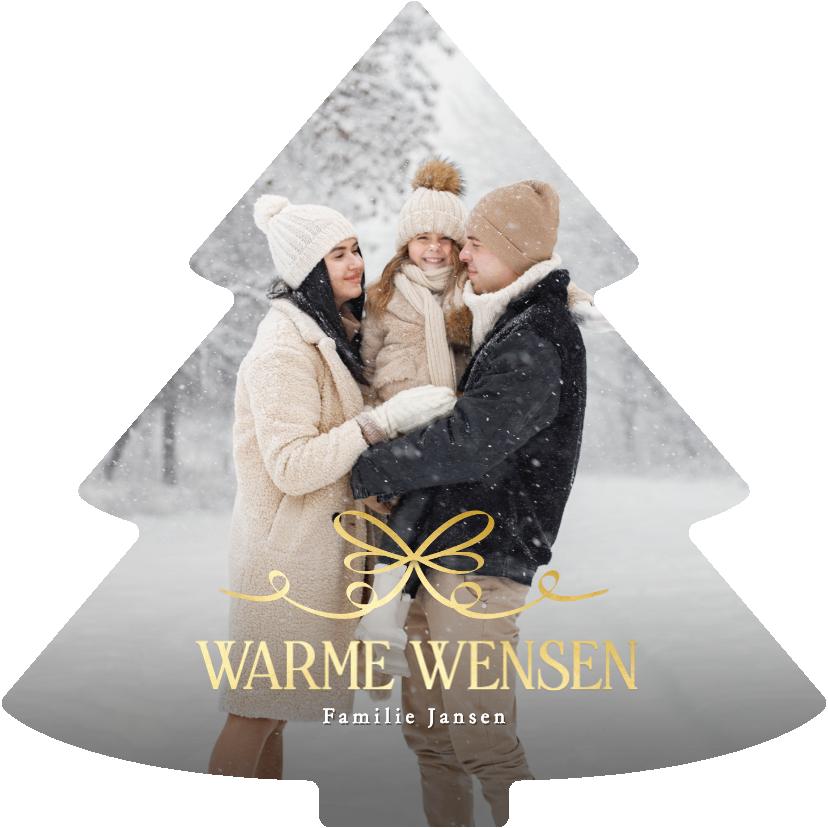Nieuwjaarskaarten - Nieuwjaarskaartje foto in kerstboom vorm met gouden strik