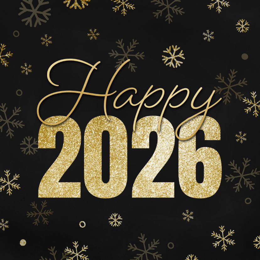 Nieuwjaarskaartje happy 2026 met sneeuwvlokjes goud - Nieuwjaarskaarten Nieuwjaarskaarten - Nieuwjaarskaartje happy 2026 met sneeuwvlokjes goud