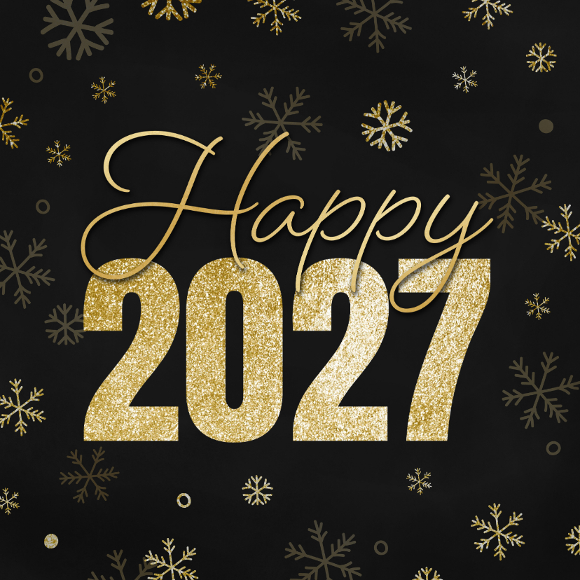 Nieuwjaarskaartje happy 2027 met sneeuwvlokjes goud - Nieuwjaarskaarten Nieuwjaarskaarten - Nieuwjaarskaartje happy 2027 met sneeuwvlokjes goud