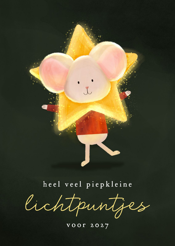 Nieuwjaarskaarten - Nieuwjaarskaartje lichtpuntjes ster om hoofd muisje 