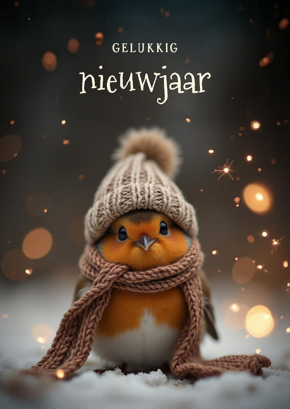 Nieuwjaarskaartje met schattig roodborstje en sterren - Nieuwjaarskaarten Nieuwjaarskaarten - Nieuwjaarskaartje met schattig roodborstje en sterren