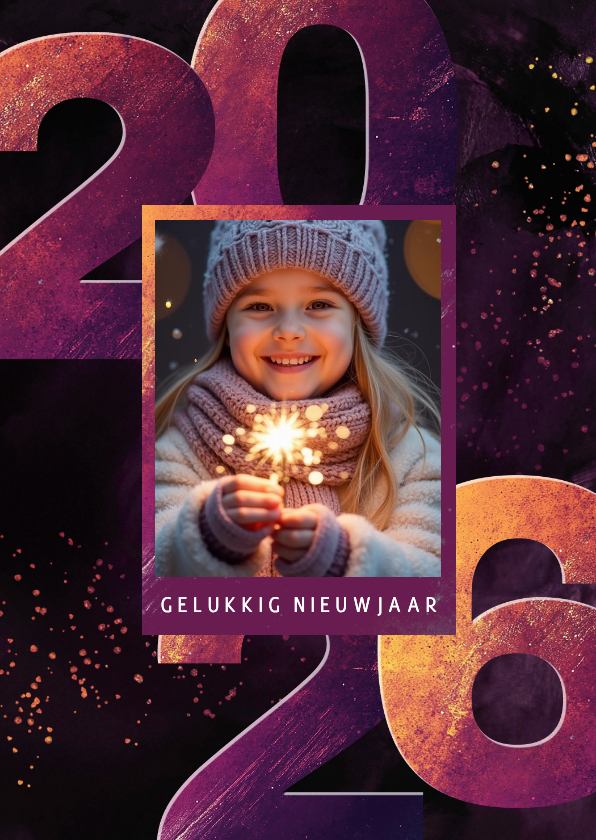 Nieuwjaarskaarten - Nieuwjaarskaartje paars geel 2026 met kader foto