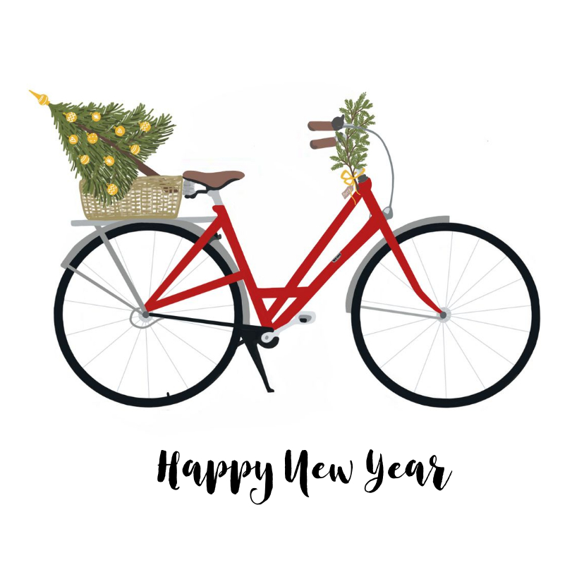 Nieuwsjaarskaart fiets met kerstboom - Nieuwjaarskaarten Nieuwjaarskaarten - Nieuwsjaarskaart fiets met kerstboom