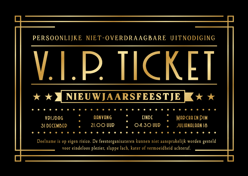 Originele uitnodiging oud en nieuw VIP-ticket goud - Nieuwjaarskaarten Nieuwjaarskaarten - Originele uitnodiging oud en nieuw VIP-ticket goud