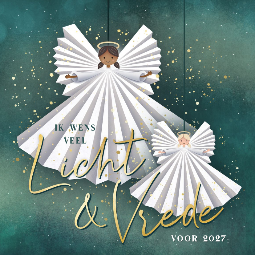 Positieve nieuwjaarskaart Licht & Vrede met lieve engeltjes - Nieuwjaarskaarten Nieuwjaarskaarten - Positieve nieuwjaarskaart Licht & Vrede met lieve engeltjes