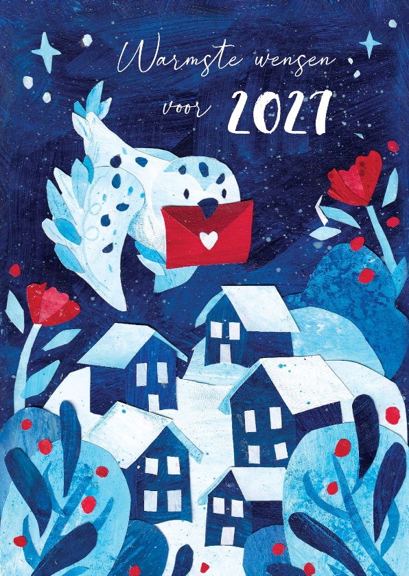 Schattige nieuwjaarskaart met uil en winters landschap - Nieuwjaarskaarten Nieuwjaarskaarten - Schattige nieuwjaarskaart met uil en winters landschap