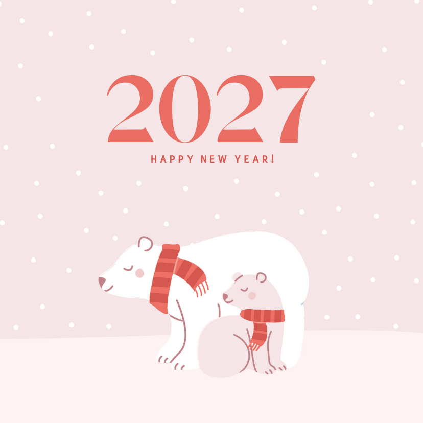 Schattige roze nieuwjaarskaart met ijsbeertjes in de sneeuw - Nieuwjaarskaarten Nieuwjaarskaarten - Schattige roze nieuwjaarskaart met ijsbeertjes in de sneeuw