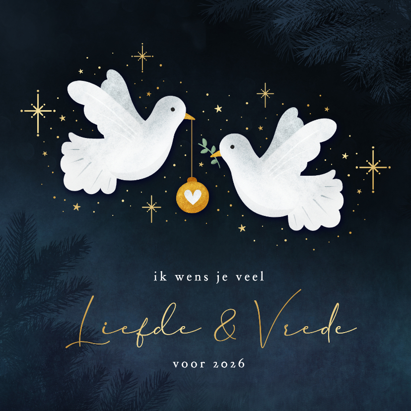 Nieuwjaarskaarten - Sfeervolle nieuwjaarskaart vrede en liefde met 2 duifjes