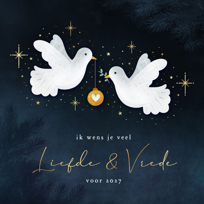 Nieuwjaarskaarten - Sfeervolle nieuwjaarskaart vrede en liefde met 2 duifjes