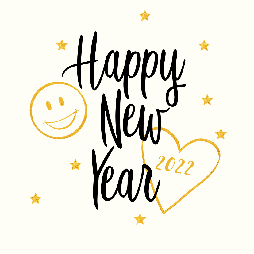 Nieuwjaarskaarten - Smiley Happy New Year met jaartal  goudlook