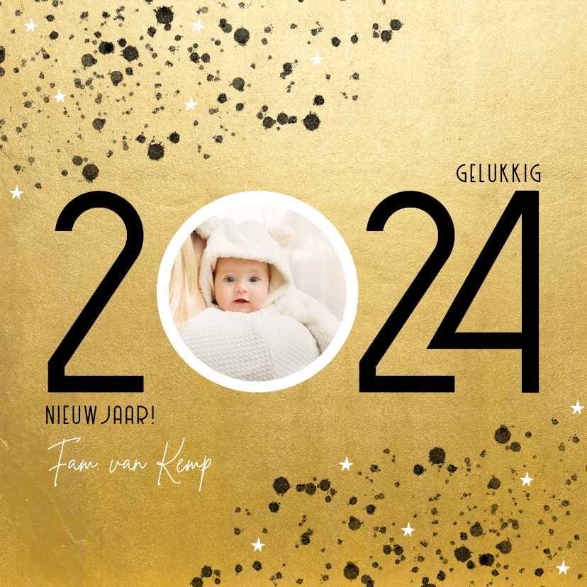 Nieuwjaarskaarten - Stijlvolle nieuwjaarskaart 2024 goudlook spetters en foto