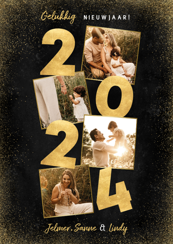 Nieuwjaarskaarten - Stijlvolle nieuwjaarskaart 2024 in goud fotocollage