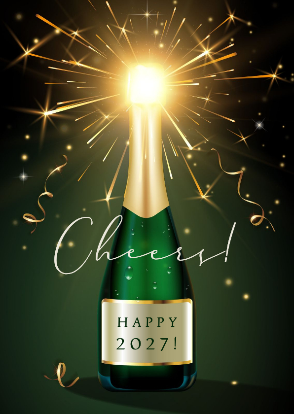 Stijlvolle nieuwjaarskaart champagnefles met vuurwerk - Nieuwjaarskaarten Nieuwjaarskaarten - Stijlvolle nieuwjaarskaart champagnefles met vuurwerk