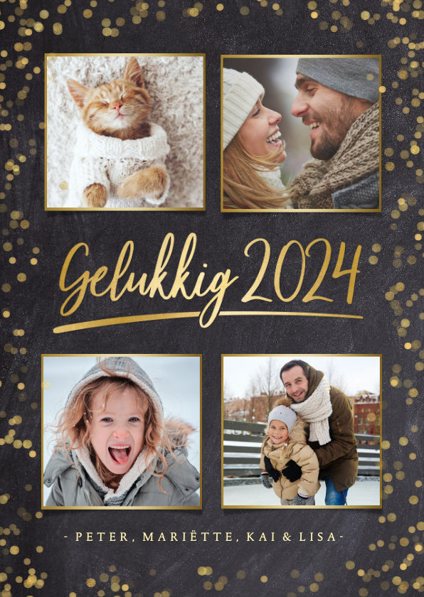 Stijlvolle nieuwjaarskaart fotocollage met 4 foto's en goud - Nieuwjaarskaarten Nieuwjaarskaarten - Stijlvolle nieuwjaarskaart fotocollage met 4 foto's en goud