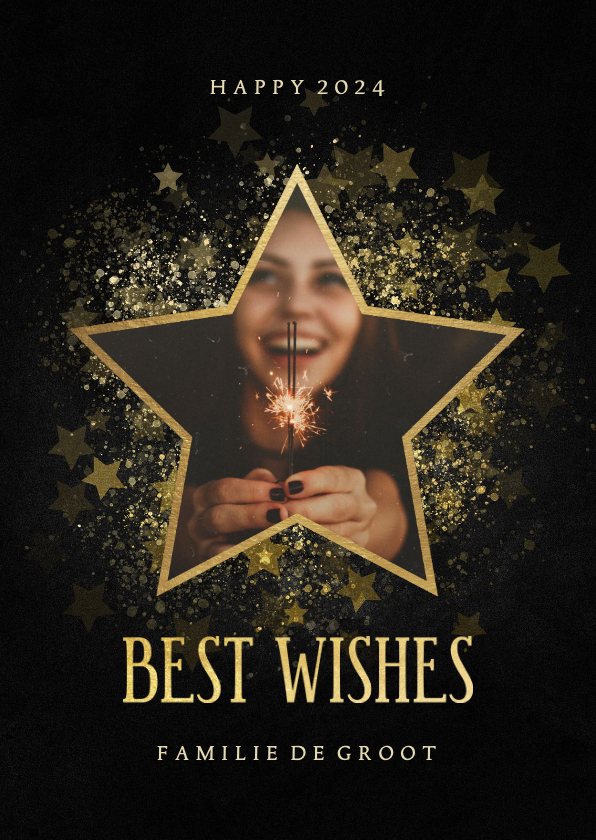 Nieuwjaarskaarten - Stijlvolle nieuwjaarskaart gouden ster met foto