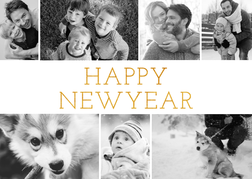 Nieuwjaarskaarten - Stijlvolle nieuwjaarskaart met fotocollage en happy new year