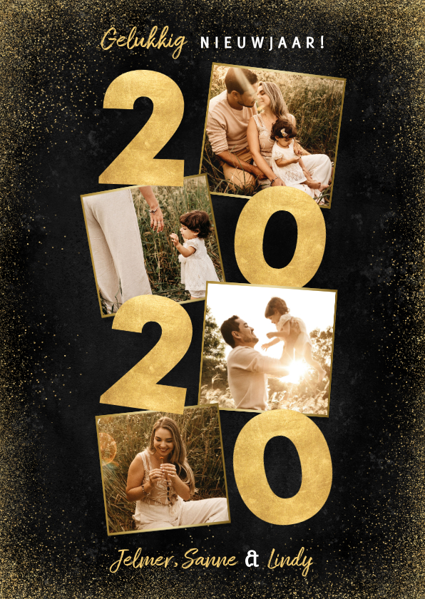 Stijlvolle nieuwjaarskaart met gouden 2020 en fotocollage - Nieuwjaarskaarten Nieuwjaarskaarten - Stijlvolle nieuwjaarskaart met gouden 2020 en fotocollage