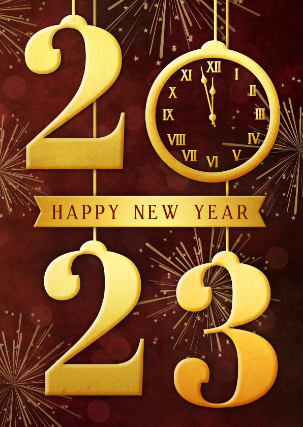 Nieuwjaarskaarten - Stijlvolle nieuwjaarskaart met hangende cijfers 2023 en klok