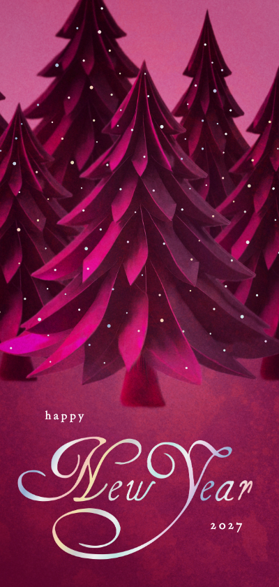 Stijlvolle nieuwjaarskaart met kerstbomen bos in trendy roze - Nieuwjaarskaarten Nieuwjaarskaarten - Stijlvolle nieuwjaarskaart met kerstbomen bos in trendy roze