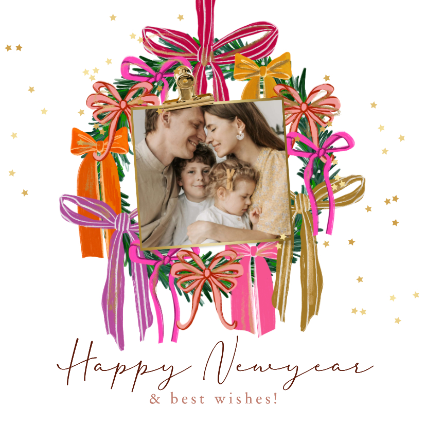 Nieuwjaarskaarten - Stijlvolle nieuwjaarskaart strikken kleurrijk ster goud foto