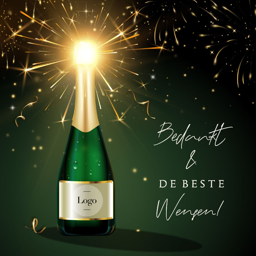 Stijlvolle nieuwjaarskaart zakelijk champagnefles met logo - Nieuwjaarskaarten Nieuwjaarskaarten - Stijlvolle nieuwjaarskaart zakelijk champagnefles met logo