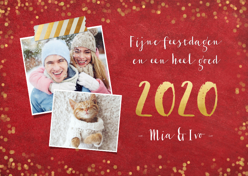 Stijlvolle rode nieuwjaarskaart met gouden confetti en 2020 - Nieuwjaarskaarten Nieuwjaarskaarten - Stijlvolle rode nieuwjaarskaart met gouden confetti en 2020