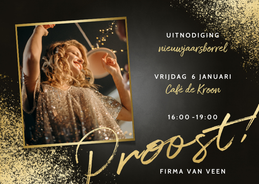 Stijlvolle uitnodiging nieuwjaarsborrel met foto en proost - Nieuwjaarskaarten Nieuwjaarskaarten - Stijlvolle uitnodiging nieuwjaarsborrel met foto en proost
