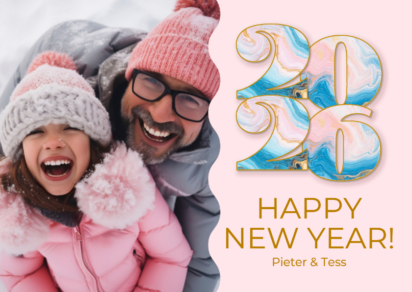 Trendy fotokaartjen nieuwjaar roze marmer jaartal - Nieuwjaarskaarten Nieuwjaarskaarten - Trendy fotokaartjen nieuwjaar roze marmer jaartal