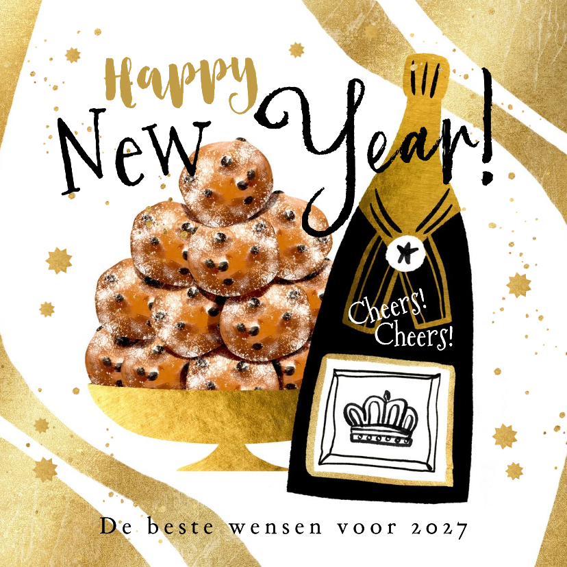 Trendy nieuwjaarskaart feestelijk goud champie oliebollen - Nieuwjaarskaarten Nieuwjaarskaarten - Trendy nieuwjaarskaart feestelijk goud champie oliebollen
