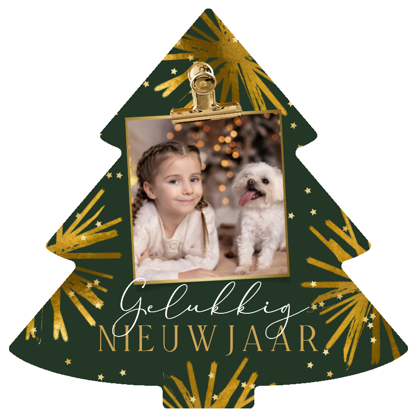 Nieuwjaarskaarten - Trendy nieuwjaarskaart kerstboomvorm vuurwerk ster goud