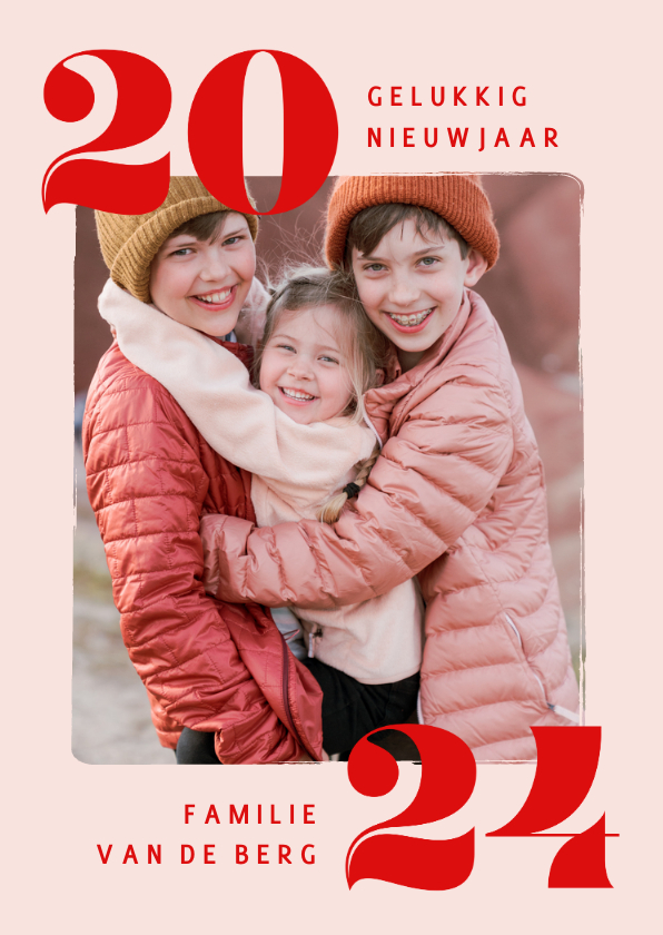 Nieuwjaarskaarten - Trendy nieuwjaarskaart met eigen foto en jaartal roze