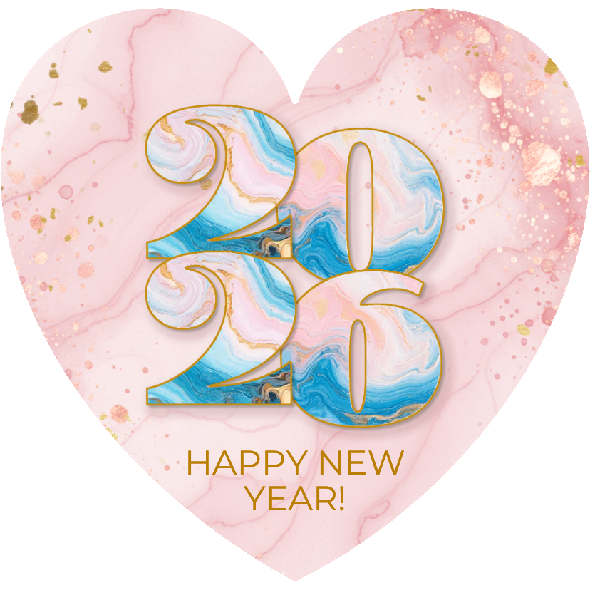 Trendy nieuwjaarskaart roze hartje met marmeren jaartal - Nieuwjaarskaarten Nieuwjaarskaarten - Trendy nieuwjaarskaart roze hartje met marmeren jaartal