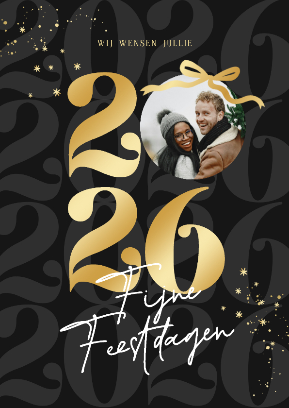Trendy nieuwjaarskaart zwart strik jaartal goud met foto - Nieuwjaarskaarten Nieuwjaarskaarten - Trendy nieuwjaarskaart zwart strik jaartal goud met foto