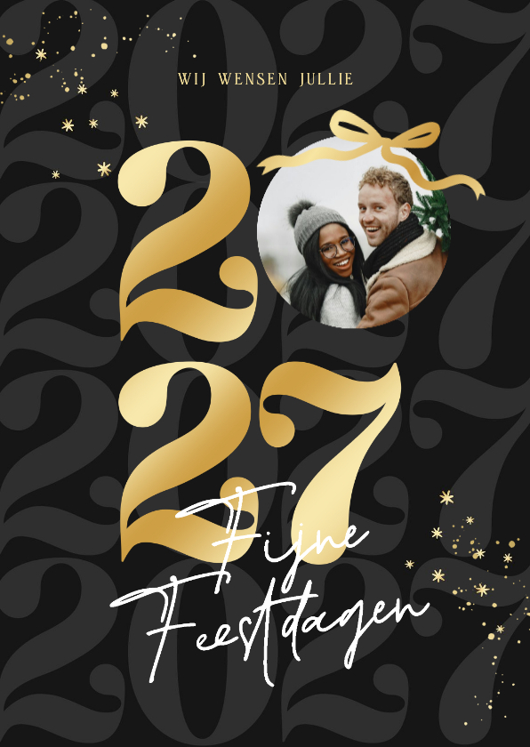 Trendy nieuwjaarskaart zwart strik jaartal goud met foto - Nieuwjaarskaarten Nieuwjaarskaarten - Trendy nieuwjaarskaart zwart strik jaartal goud met foto