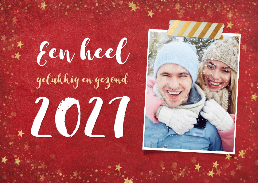 Trendy rode nieuwjaarskaart met gouden sterren en 2027 - Nieuwjaarskaarten Nieuwjaarskaarten - Trendy rode nieuwjaarskaart met gouden sterren en 2027